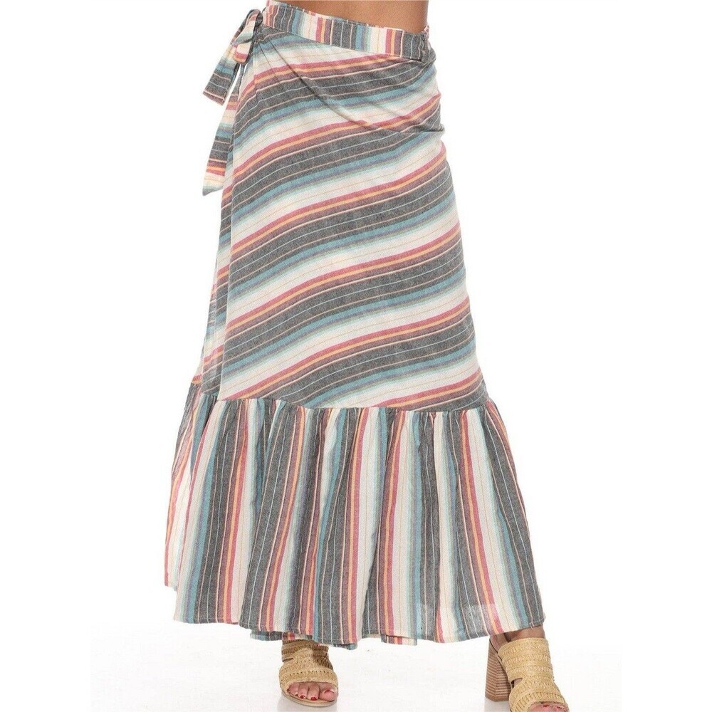 Lakhays Nepal Rainbow Stripe Wrap Midi Skirt 100% Cotton Boho Festival M/L